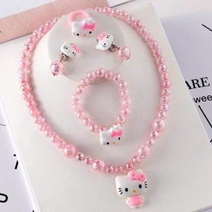 4pcs/set Sanrio Kawaii Hello Kitty Necklace, Hairclips & Ring Set